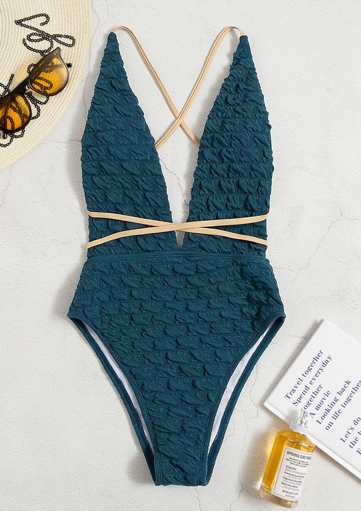 BACKLESS PATTERNED TIE-DETAIL BLUE SWIMSUIT