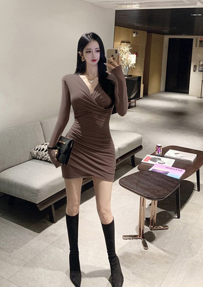 RUCHED BROWN KNITTED BODYCON ASYMMETRIC HEM DRESS