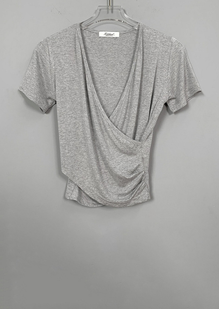 FREE SIZE LAYERED-FRONT GREY T-SHIRT