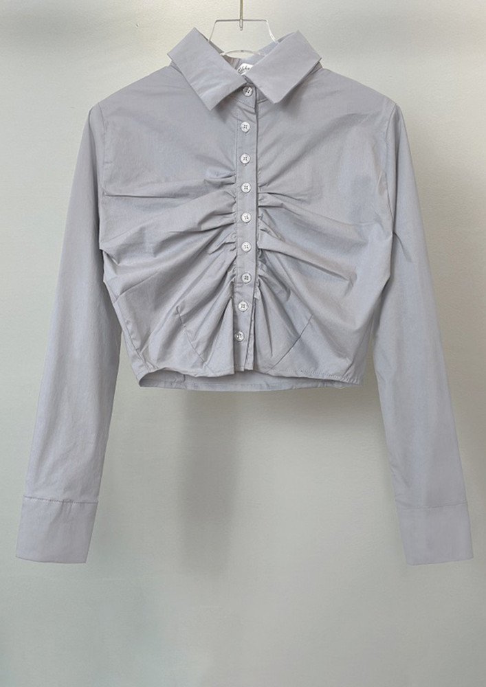 COMFORTABLE GREY RUCHED WOVEN CROP SHIRT TOP