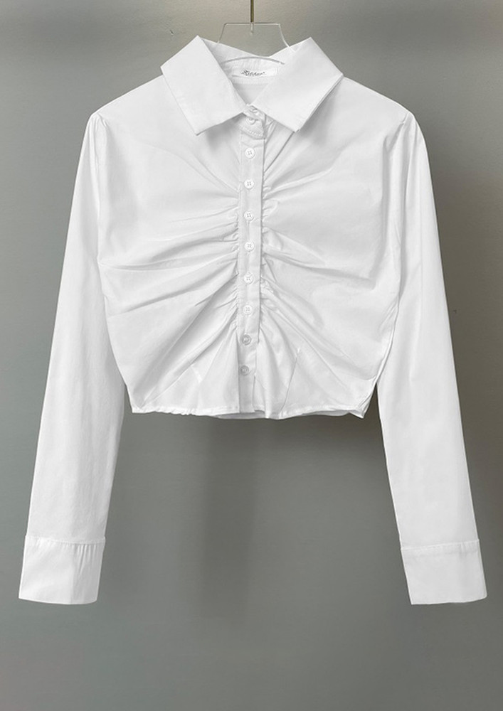 COMFORTABLE WHITE RUCHED WOVEN CROP SHIRT TOP