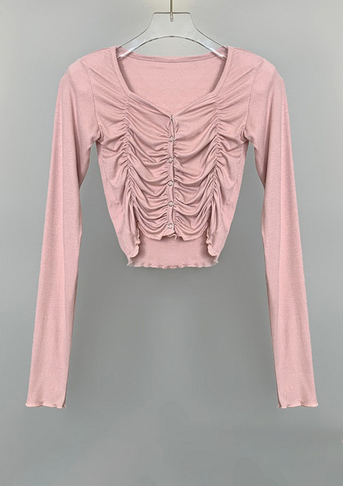 FS BUTTONED-FRONT PINK RUCHED T-SHIRT