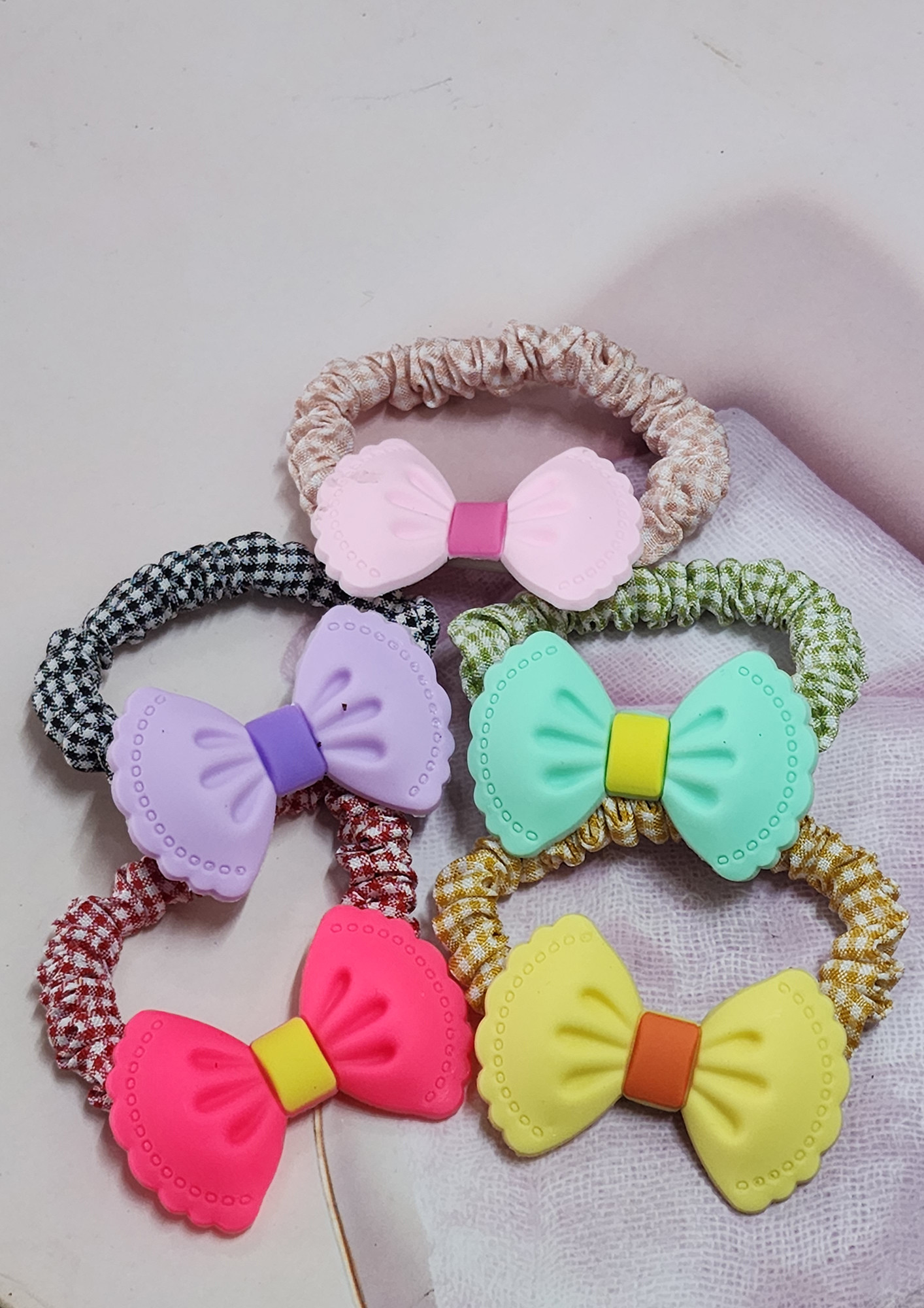 Colorful and Bright Hair Bow Style Rubber Band Scrunchies Pack of 5 By The Little Girl Store