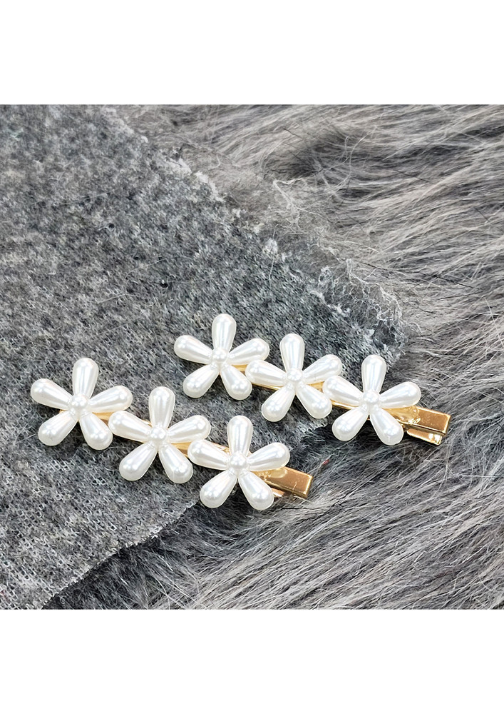 Stylish White Pearl Pair of Flower Hair Pin Clip For Girls by The Little Girl Store