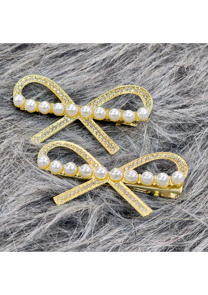 Stylish White Pearl Pair of Bow Hair Pin Clip For Girls by The Little Girl Store