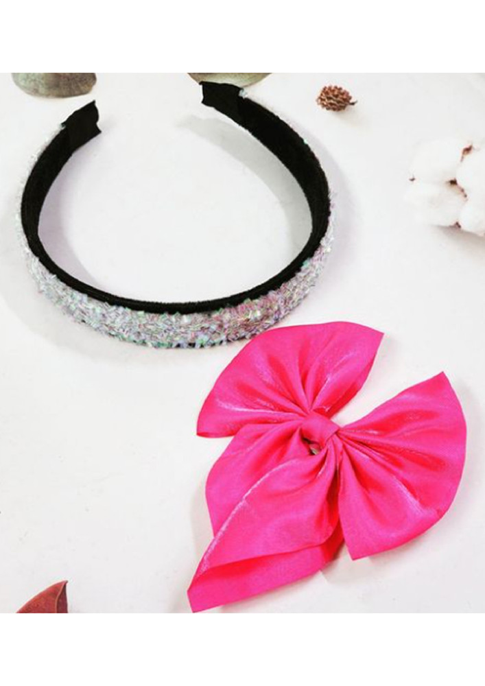 Sparkly Crystal Studded White and Pink Hair Band with Satin Hair Clip by The Little Girl Store