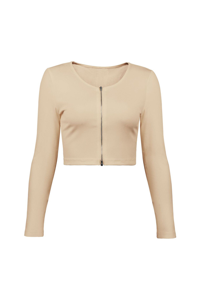 BEIGE POLYESTER ZIPPY FITTED CROP TOP