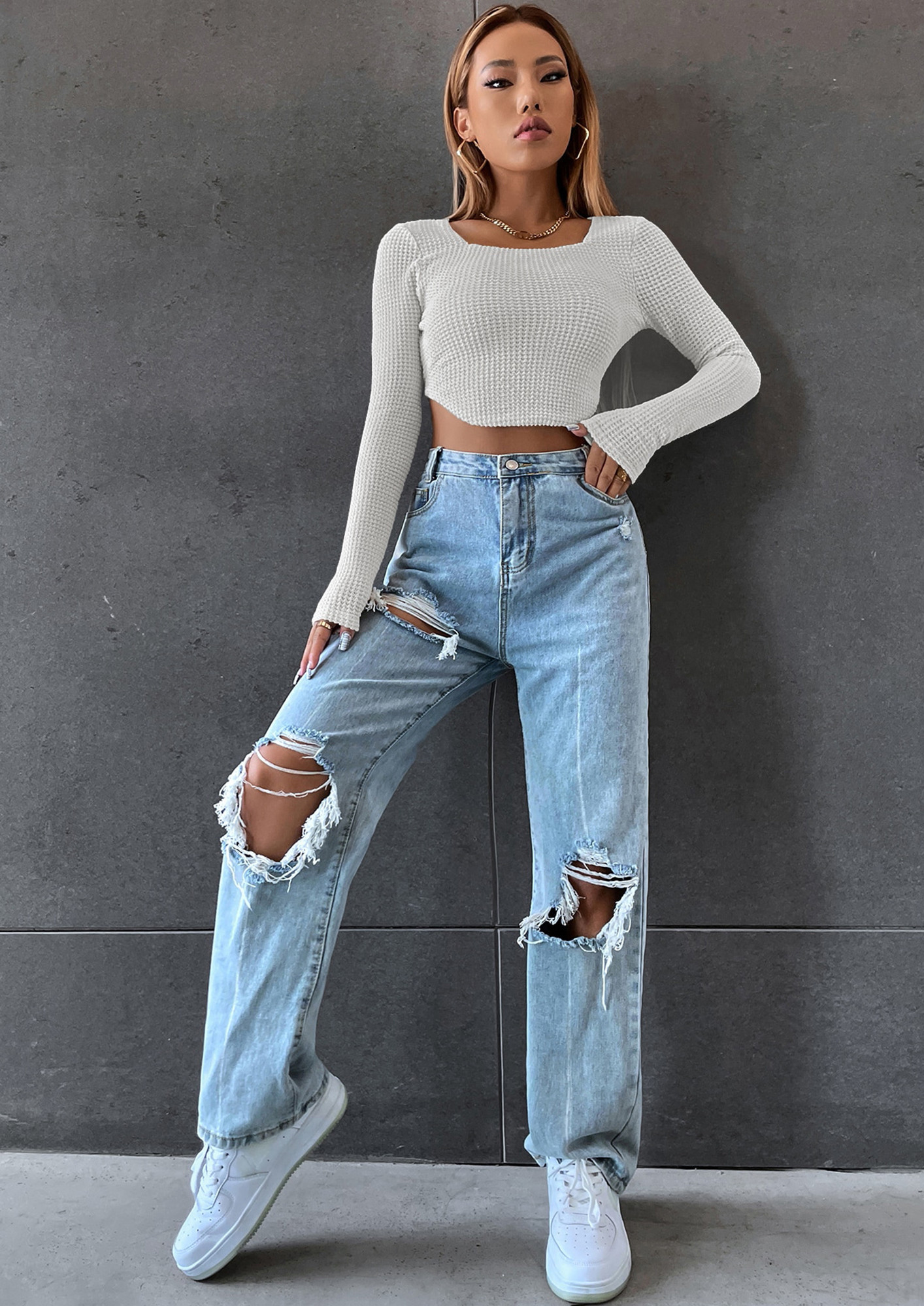 Buy SOLID KNITTED WHITE LONG SLEEVE CROP TOP for Women Online in India