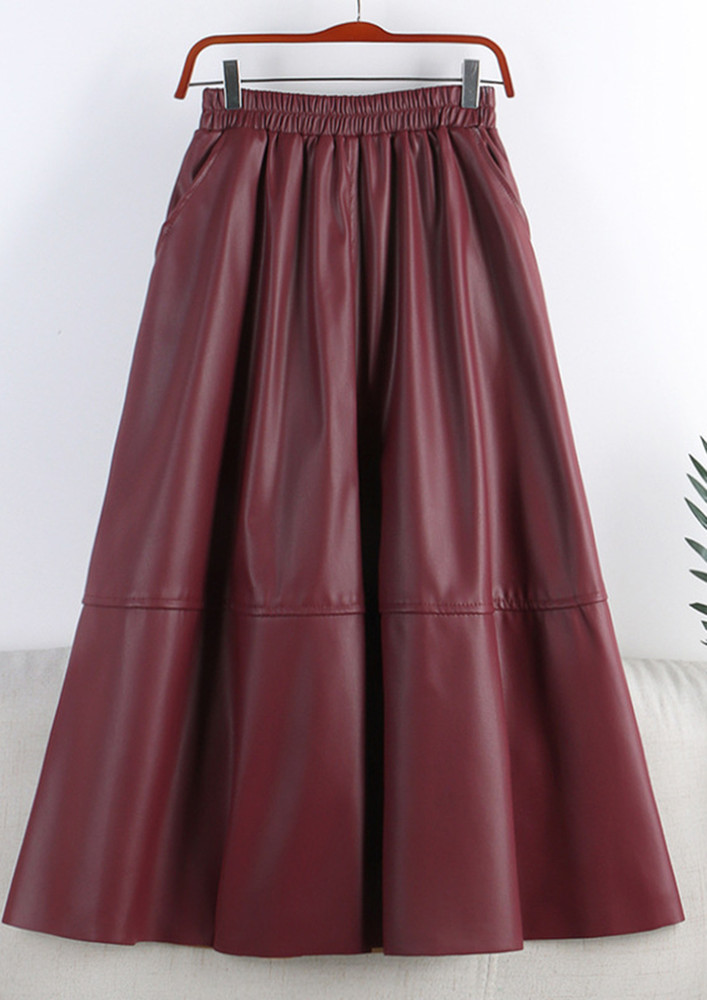 Sauvage Leather Wine Midi Skirt