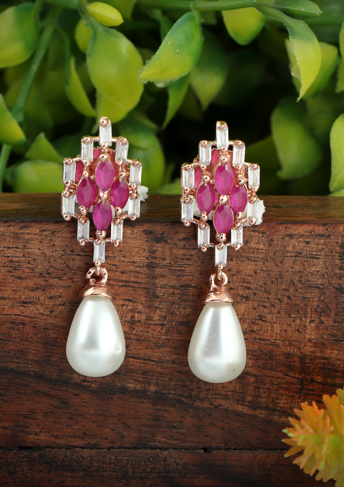 Lavish Lifestyle American Diamond With Ruby Stone & Pearl Earring