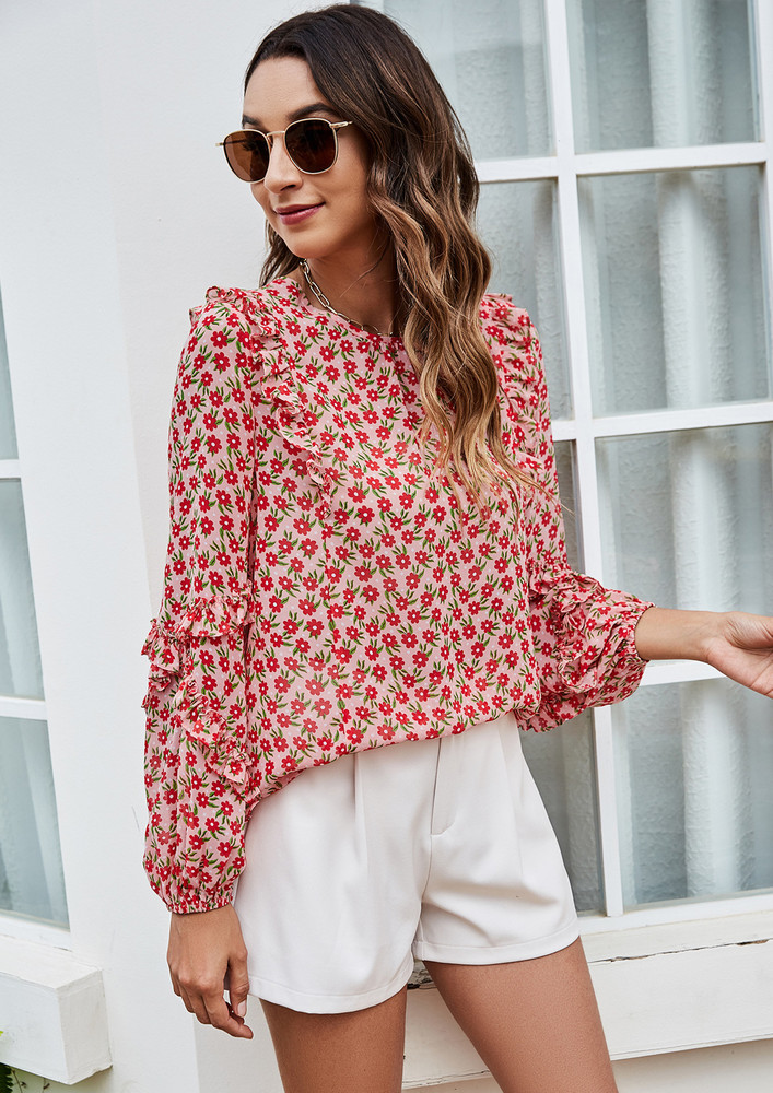 CASUAL PRINTED RED FRILLED BLOUSE