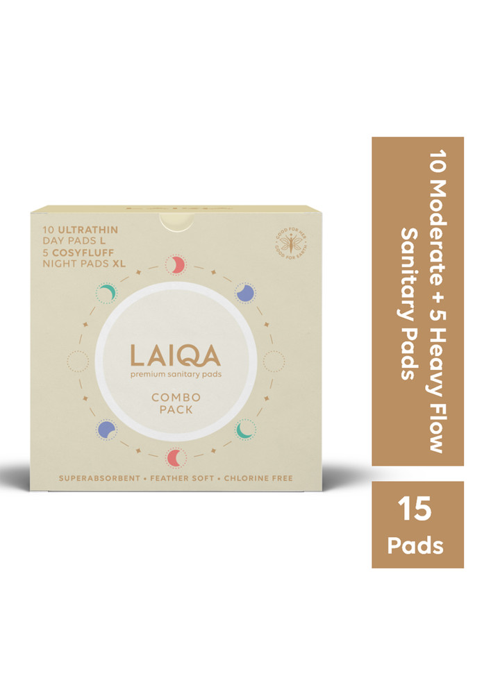 LAIQA Ultra Soft Day & Night Sanitary Pads for Women - Combo Pack of 17 Pads (10 L+ 5 XL+ 2 Pantyliners) | Made with Natural Fibers | Rash Free with 4 Wings |100% biodegradable disposal bags