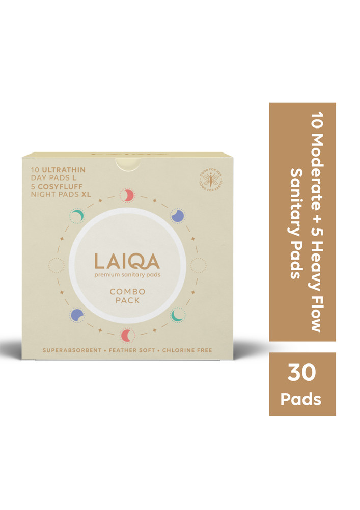 Laiqa Ultra Soft Day & Night Sanitary Pads For Women - Combo Pack Of 34 Pads (20 L+ 10 Xl+ 4 Pantyliners) | Made With Natural Fibers | Rash Free Premium Sanitary Pads With 4 Wings | Comes With 100% Biodegradable Disposal Bags - Pack Of 2 (10 L+ 5 Xl+ 2 Pa