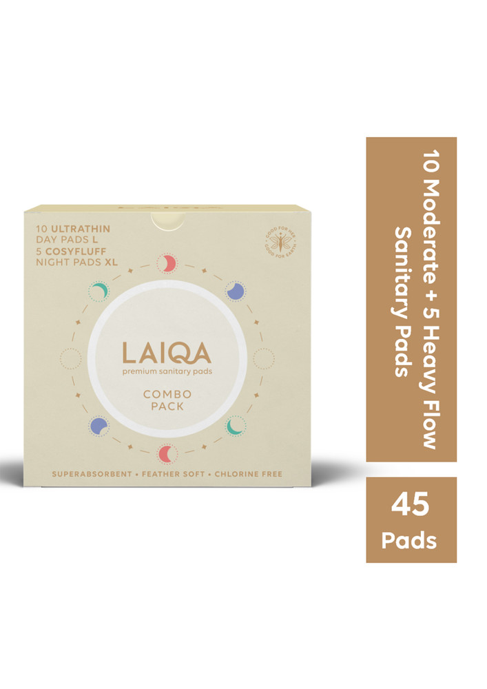 LAIQA Ultra Soft Day & Night Sanitary Pads for Women - Combo Pack of 51 Pads (30 L+ 15 XL+ 6 Pantyliners) | Made with Natural Fibers | Rash Free Premium Sanitary Pads with 4 Wings | Comes With 100% biodegradable disposal bags - Pack of 3 (10 L+ 5 XL+ 2 Pa