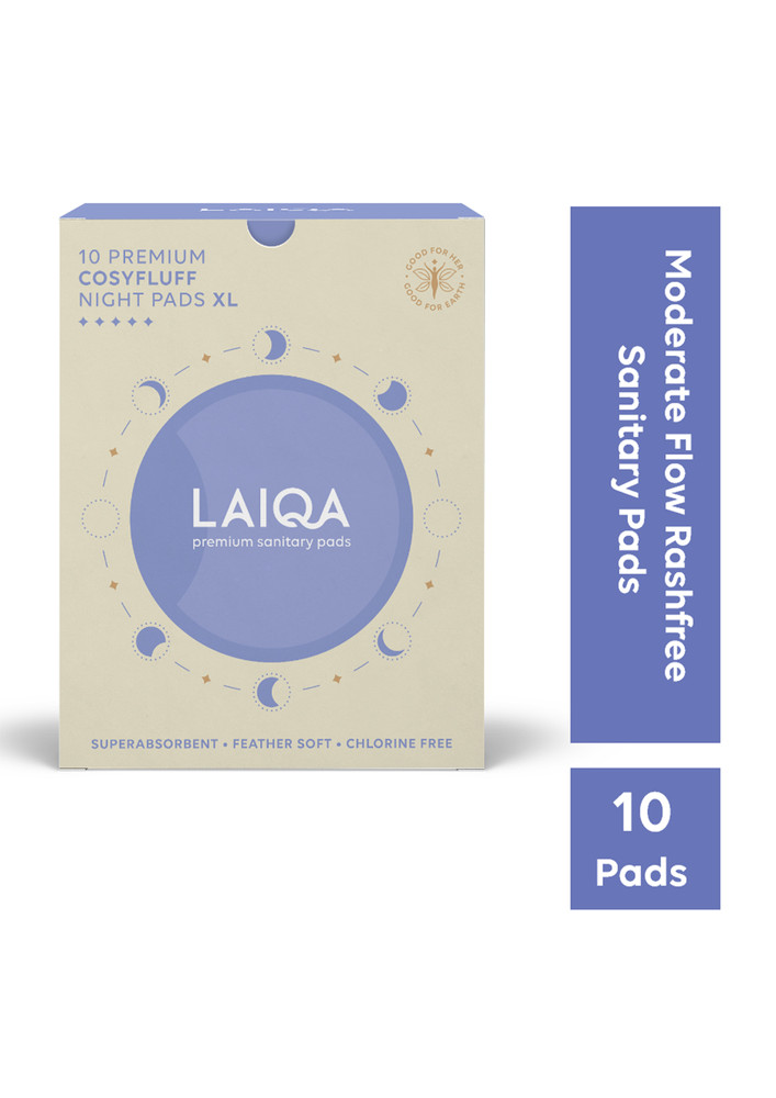 LAIQA Ultra Soft Heavy Flow Night Sanitary Pads For Women, Pack of 12 - 10 (XL) Pads + 2 Pantyliners | Made with Natural Fibers | Rash-Free Premium Sanitary Pads with 4 wings | Comes With 100% biodegradable disposal bags (Pack of 1)