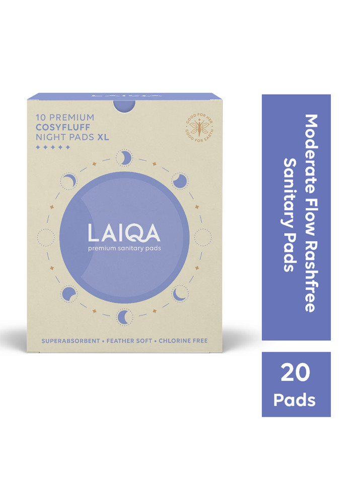 LAIQA Ultra Soft Heavy Flow Night Sanitary Pads For Women, Pack of 24 - 20 XL Pads + 4 Pantyliner | Made with Natural Fibers | Rash Free Premium Sanitary Pads with 4 wings | Comes With 100% biodegradable disposal bags - Pack of 2 (10 XL Pads + 2 Pantyline