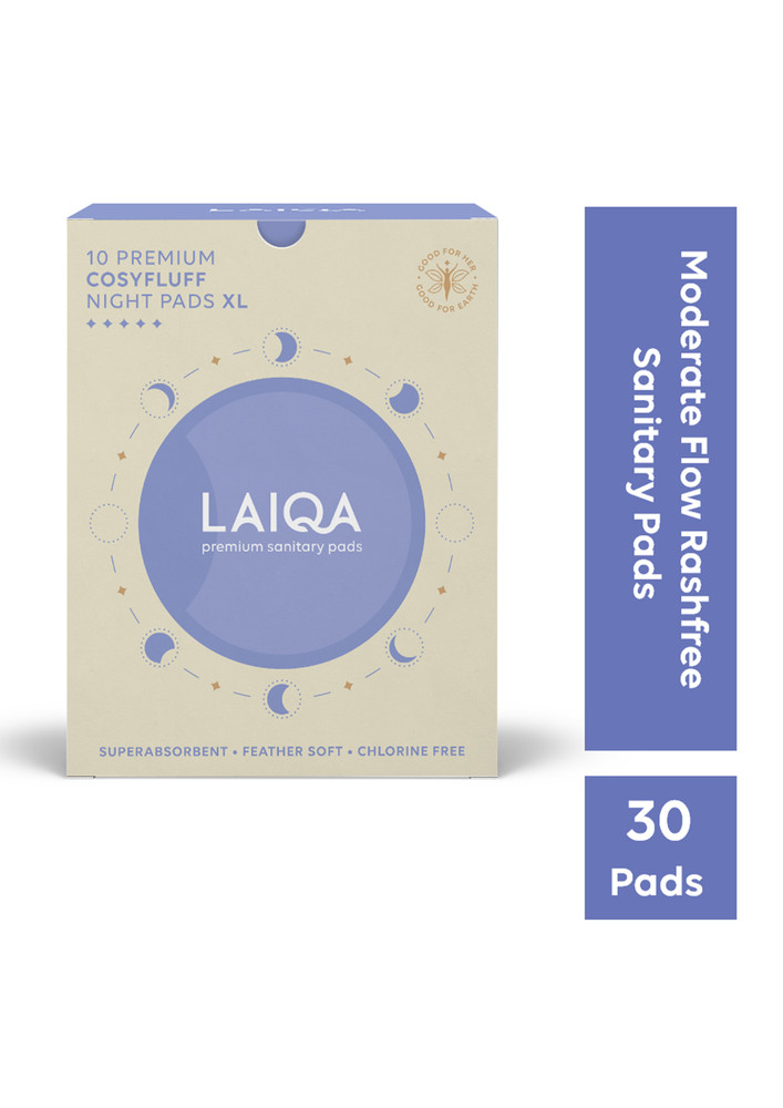 LAIQA Ultra Soft Heavy Flow Night Sanitary Pads For Women, Pack of 36 - 30 XL Pads + 6 Pantyliners | Made with Natural Fibers | Rash-Free Premium Sanitary Pads with 4 wings | Comes With 100% biodegradable disposal bags - Pack of 3