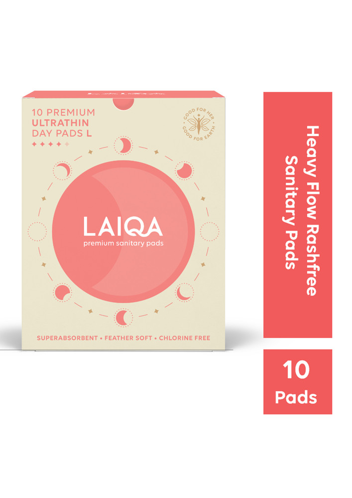 LAIQA Ultra Soft Moderate Flow Day Sanitary Pads for Women Pack of 1- 10 L Pads + 2 Pantyliners | Rash-Free 4 wings |100% Biodegradable - Pack of 1 - (10 L Pads + 2 Pantyliners)
