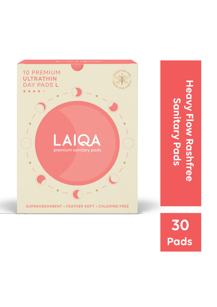 LAIQA Ultra Soft Moderate Flow Day Sanitary Pads for Women Pack of 36 - 30 L Pads + 6 Pantyliners| Rash-Free 4 wings |100% biodegradable - Pack of 3 - (10L Pads + 2 Pantyliners in Each Boxes)