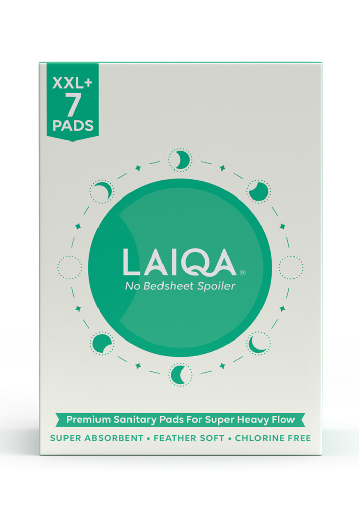 LAIQA Double Extra Large Plus (350mm) Heavy Flow Night Sanitary Pads For Women with Wider Back (120mm), Pack of 7 XXL Pads + 2 Pantyliners