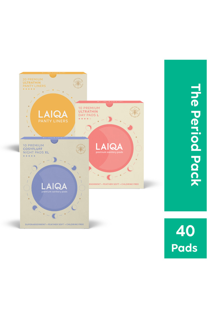 Laiqa Ultra Soft Day & Night Sanitary Pads for Women - The Period Pack 10 HF + 10 MF + 24 Pantyliners | Made with Natural Fibers | Rash-Free Premium Sanitary Napkins with 4 Wings | Comes With 100% biodegradable disposal bags