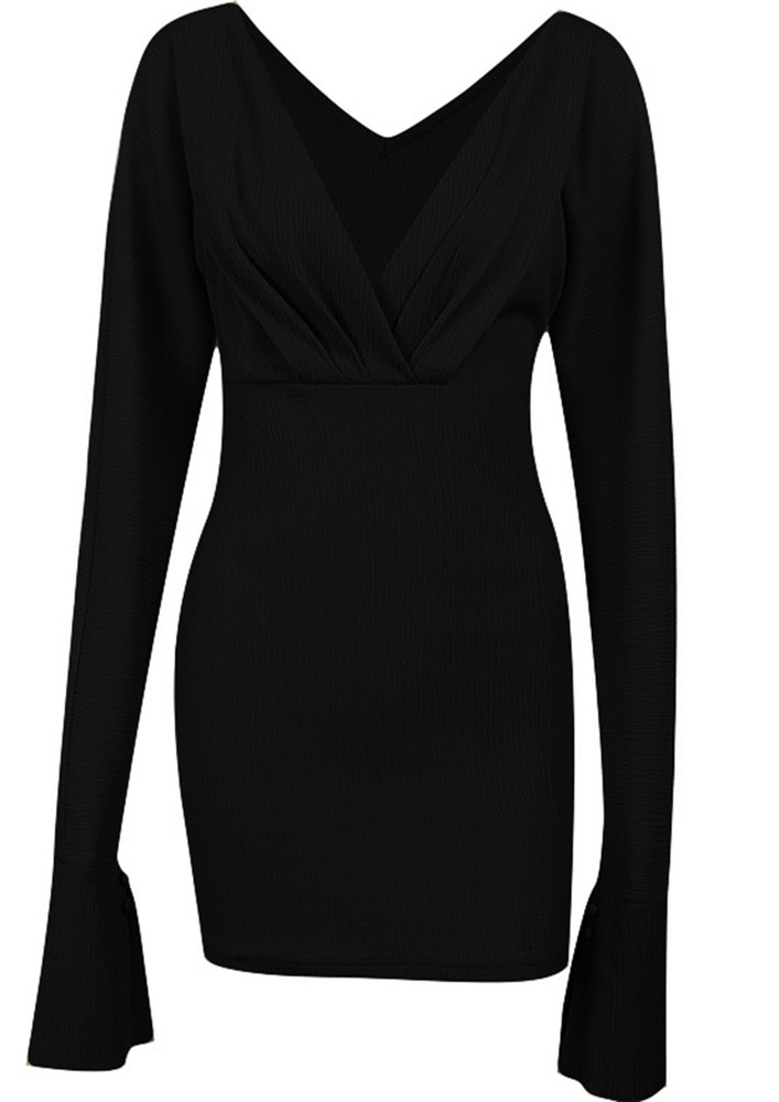 Kasiye Black Plunging Neck, Asymmetrical Hem Full Sleeves, Ruched Detail Party Dress