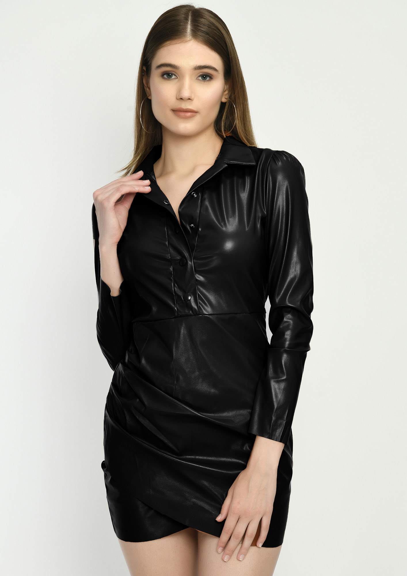 Buy Faux Leather Shirt Dress-Black for Women Online in India
