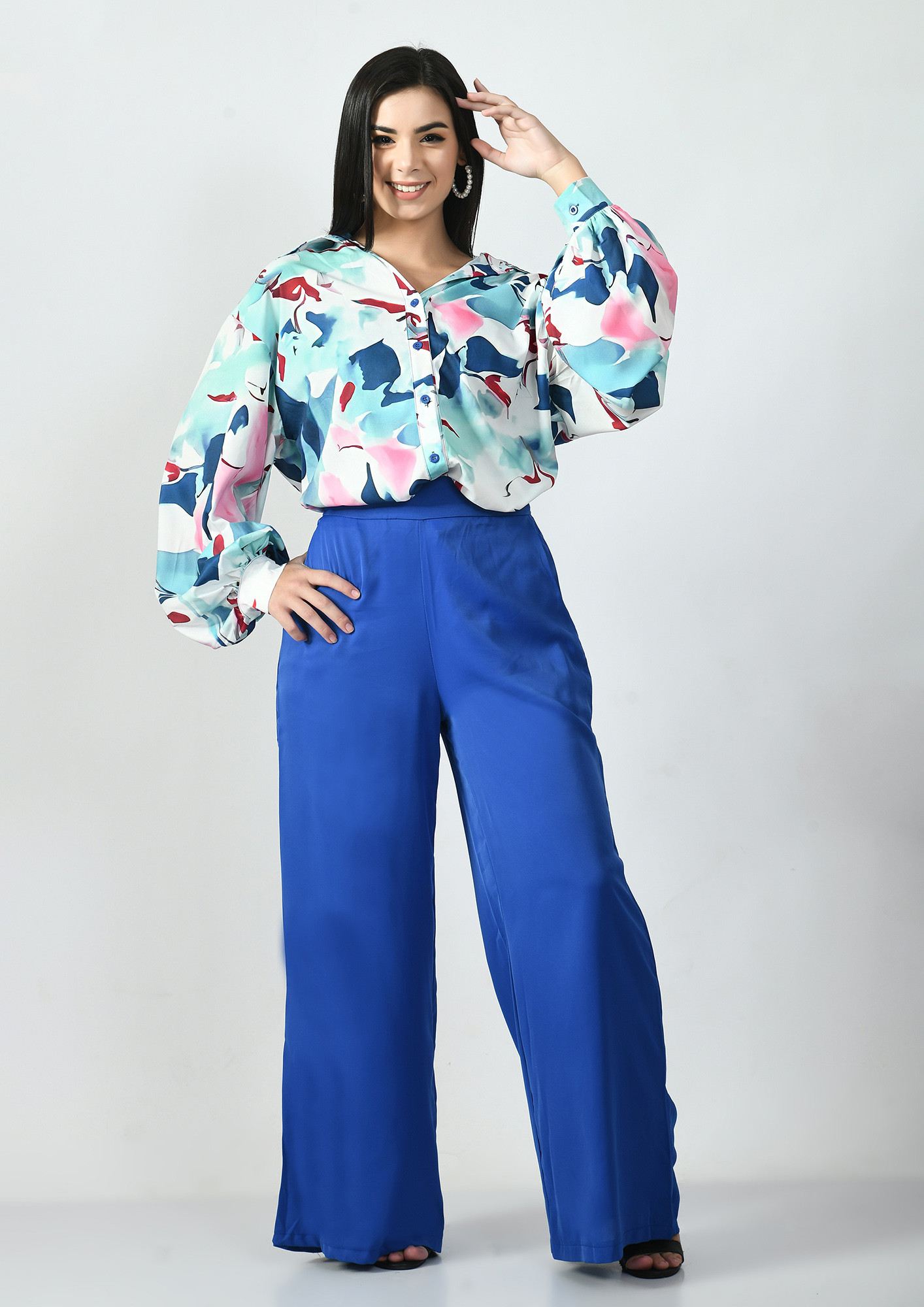 Buy Floral Shirts with flared pants-Blue for Women Online in India