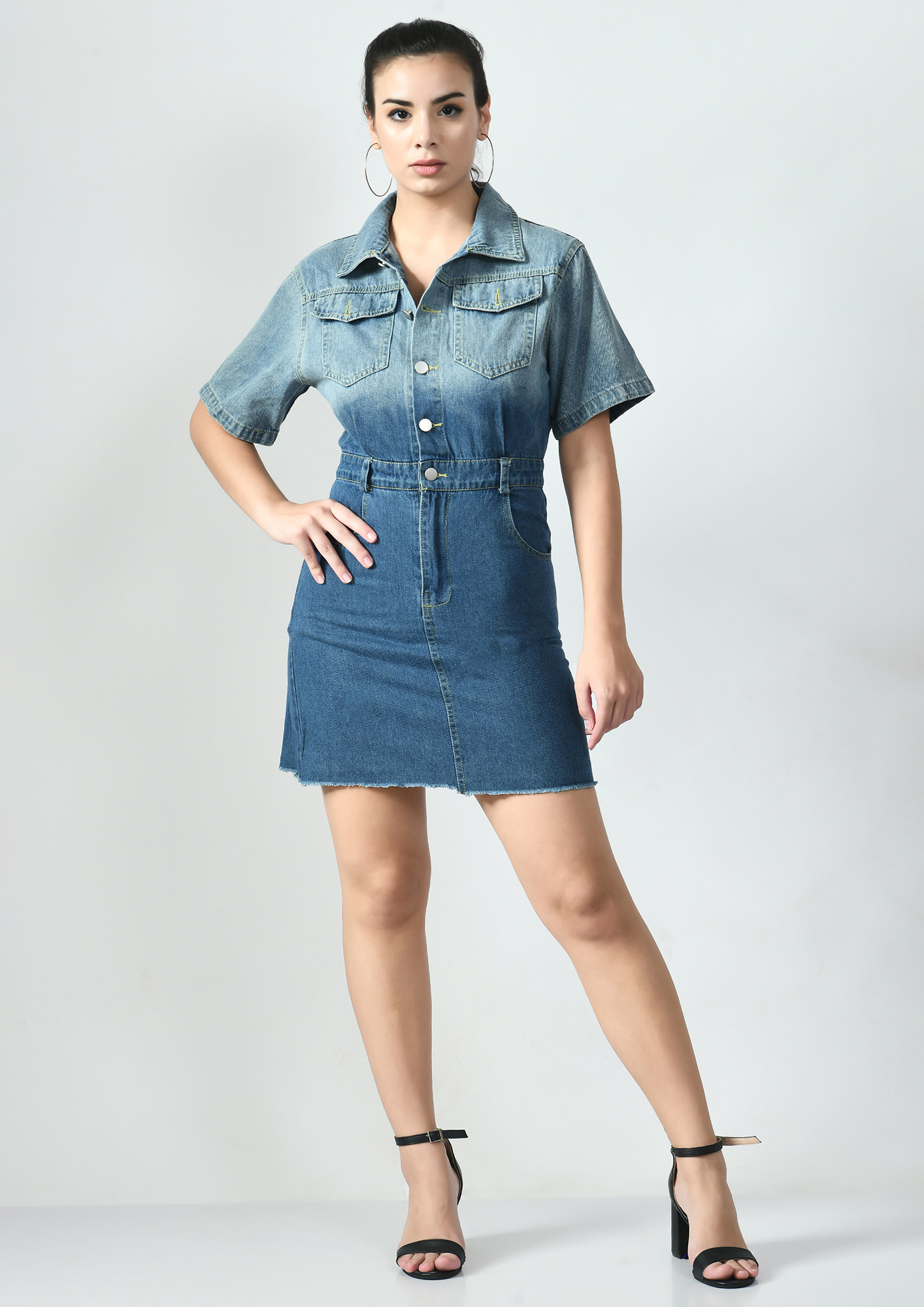 Buy Blue Shirt Dress With Ruffled Hem Online - RK India Store View