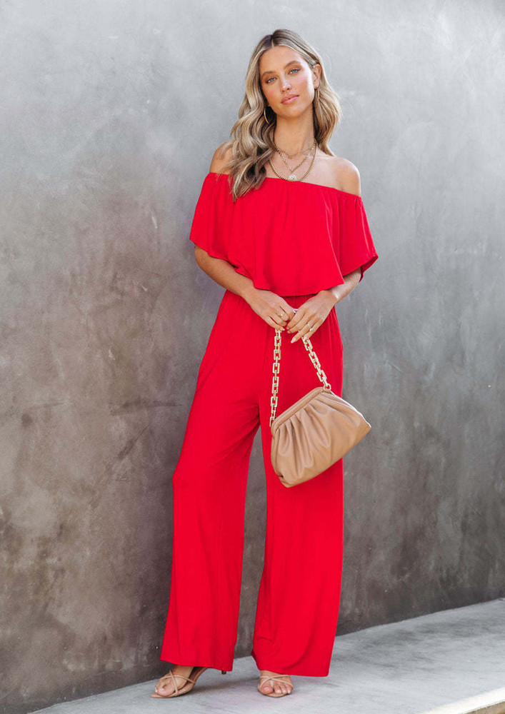 SOLID OFF-SHOULDER RED CASUAL JUMPSUIT