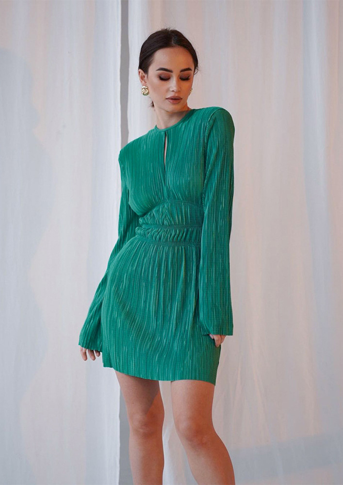 PLEATED POLYESTER GREEN SHORT BODYCON DRESS