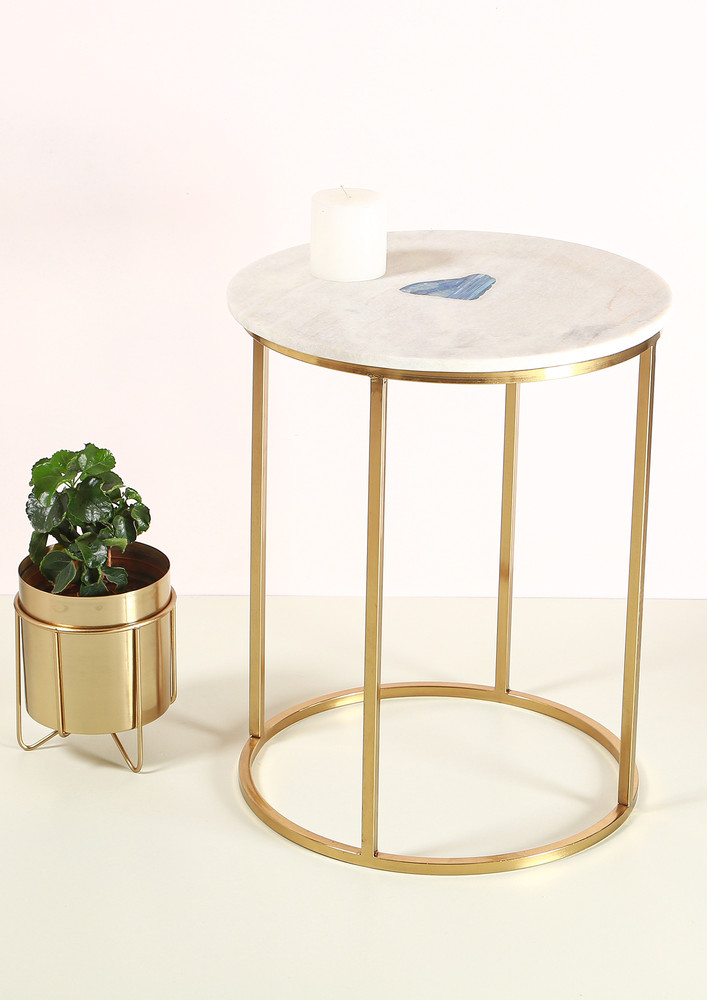 Manor House Marble and Agate Top and Round Metal Gold Accent Table 16x16x21 inch