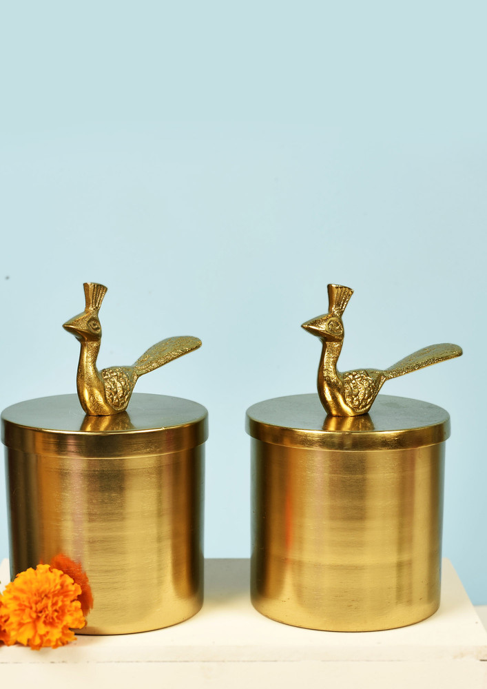 Manor House Metal Gold Jars Set of 2 With Peacock Lid 6.7 inches tall