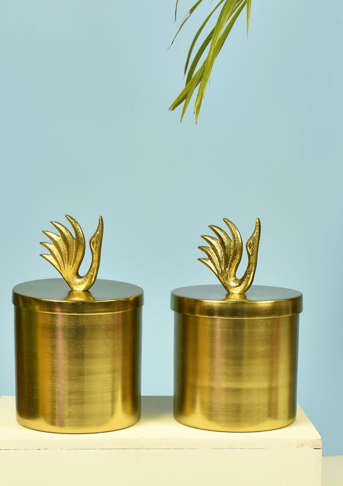 Manor House Metal Gold Jars Set of 2 With Swan Lid 6.7 inches tall