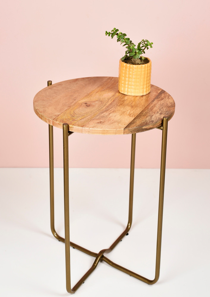 Manor House Antique Brass Iron Table With Wooden Top 15x20 inches