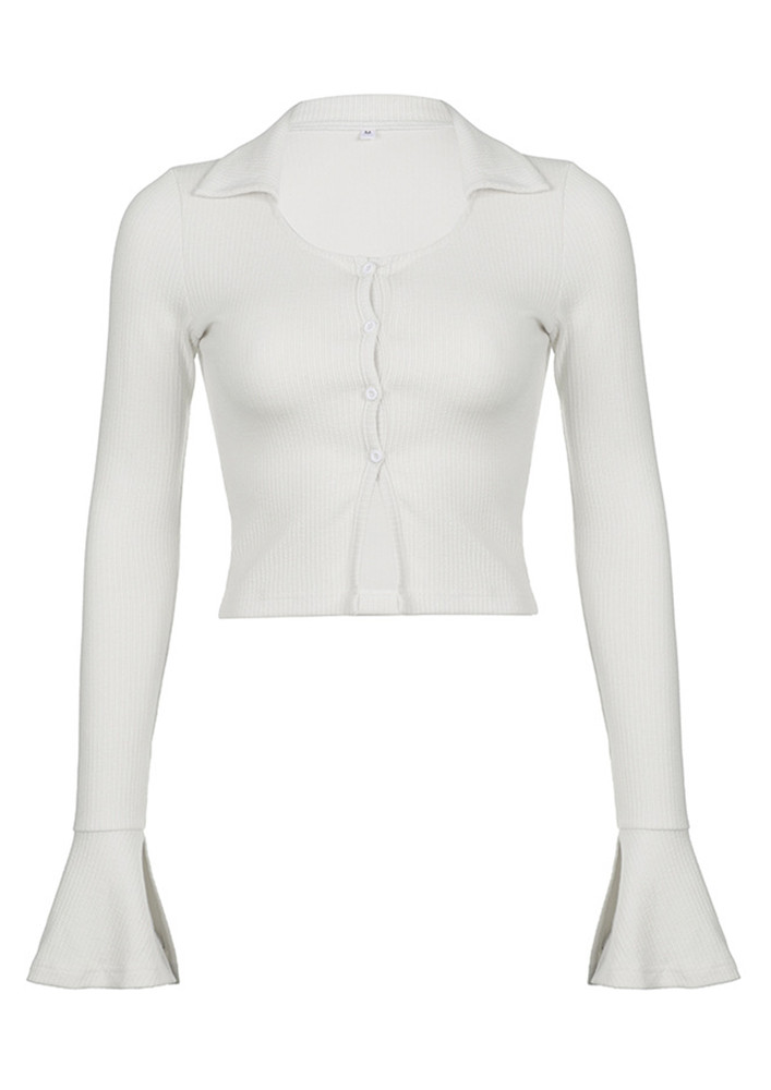WHITE SLIT MIDDLE BUTTON DOWN COLLAR TOP