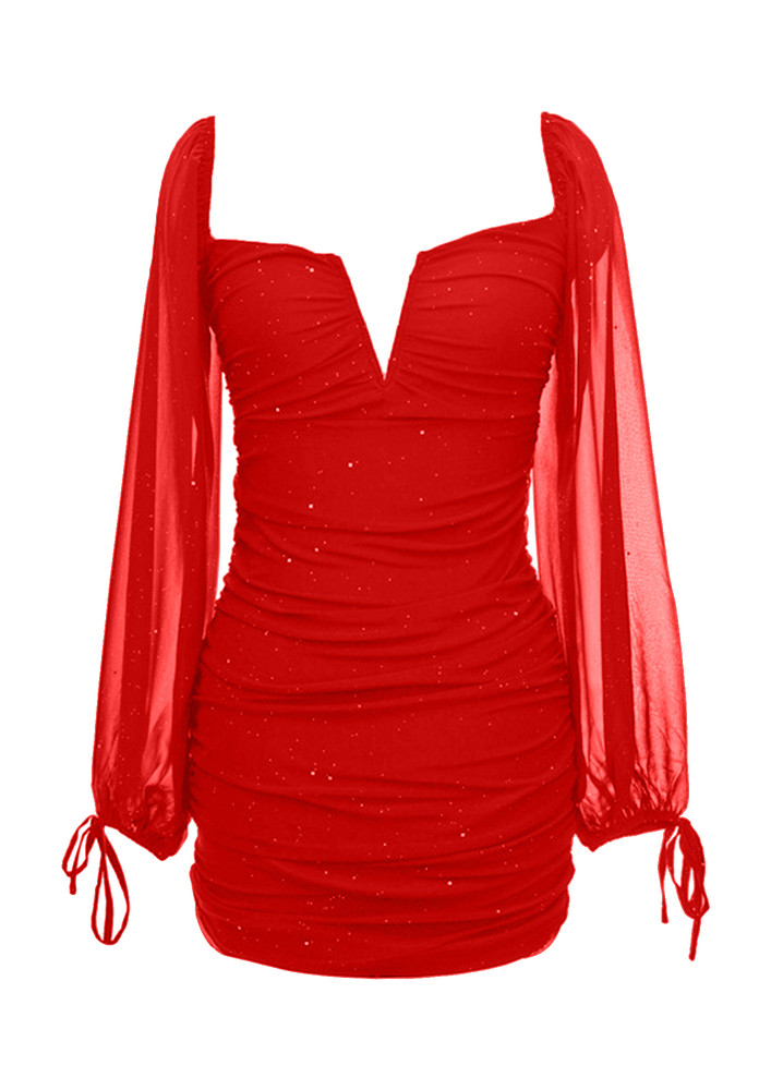 V-SWEETHEART NECK SEQUINNED RED BODYCON DRESS