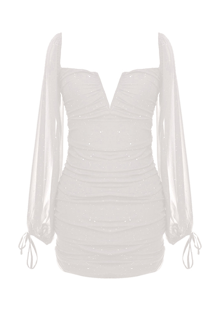 V-SWEETHEART NECK SEQUINNED WHITE BODYCON DRESS
