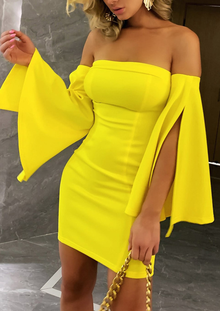 YELLOW OFF-SHOULDER SLIT SLEEVES BODYCON DRESS