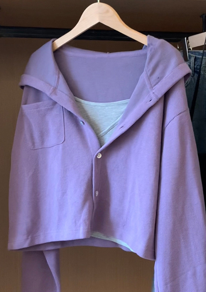PURPLE HOODED KNIT BUTTON DOWN CROP TOP