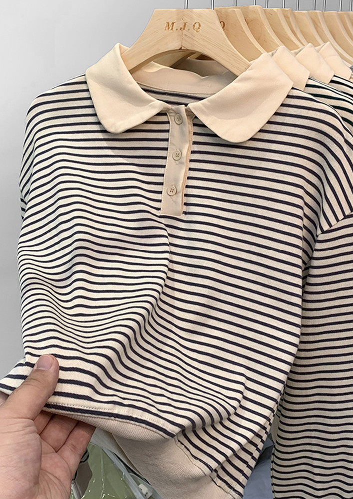 BLACK COLLARED & BUTTONS STRIPE PRINT T-SHIRT