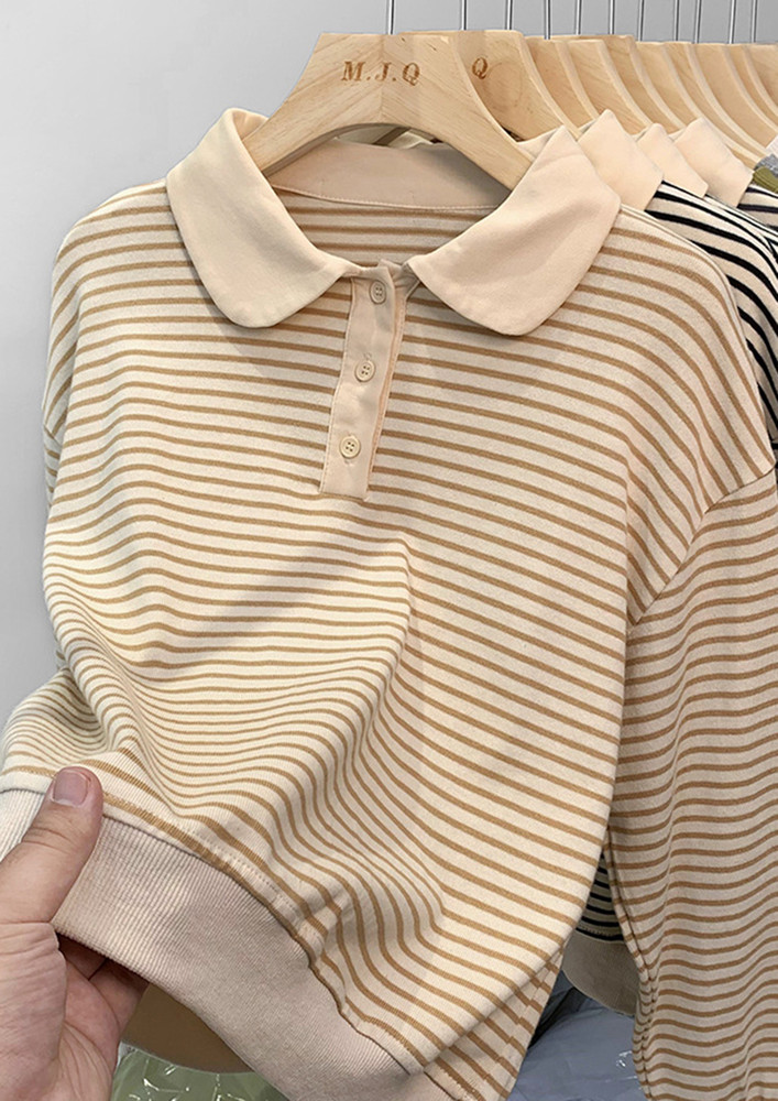 YELLOW COLLARED & BUTTONS STRIPE PRINT T-SHIRT