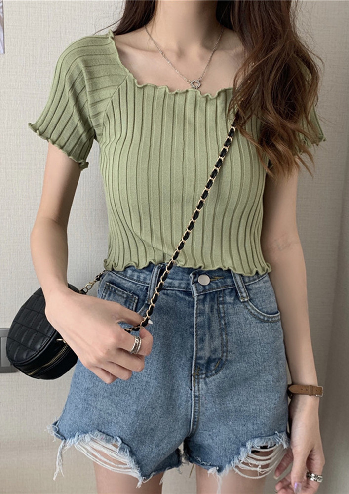 GREEN SQUARE NECK RIBBED CROP TOP