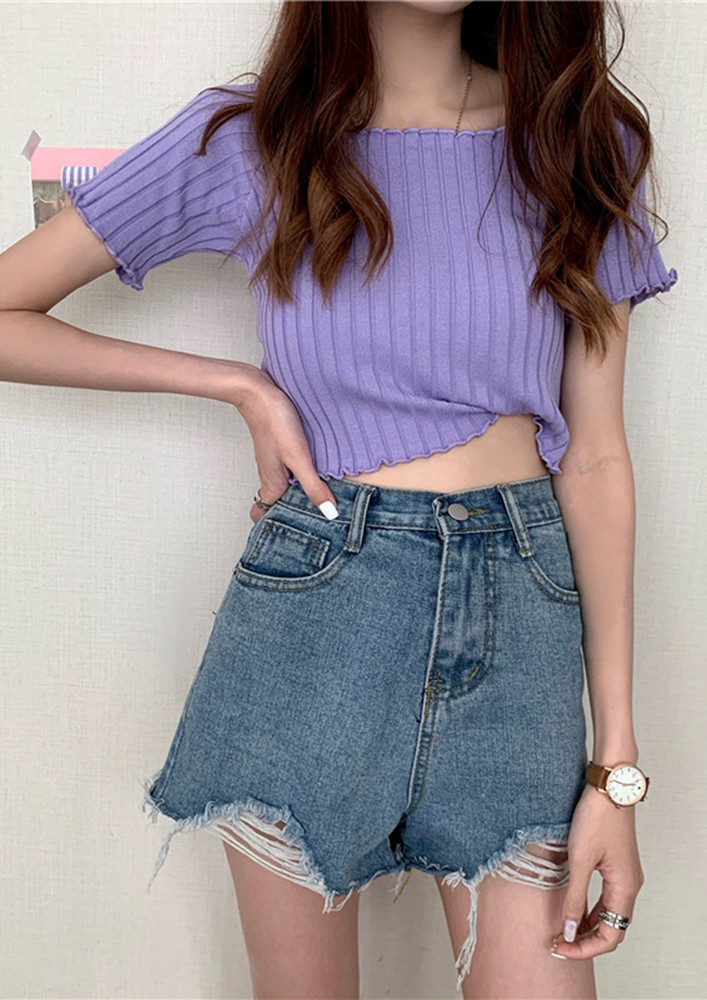 PURPLE SQUARE NECK RIBBED CROP TOP