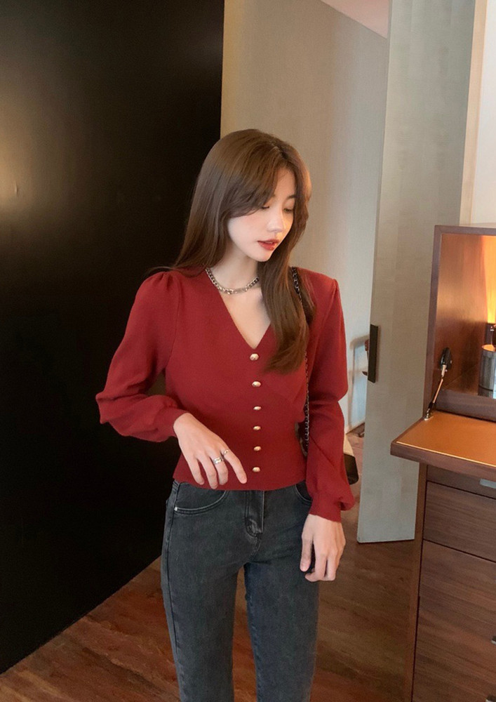 V-NECK BUTTON-FRONT KNIT RED TOP