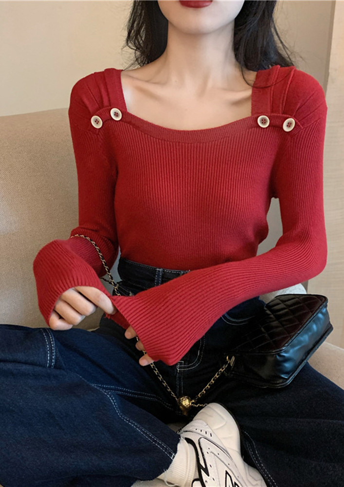 SQUARE NECK RUCHED-DETAIL KNIT RED TOP
