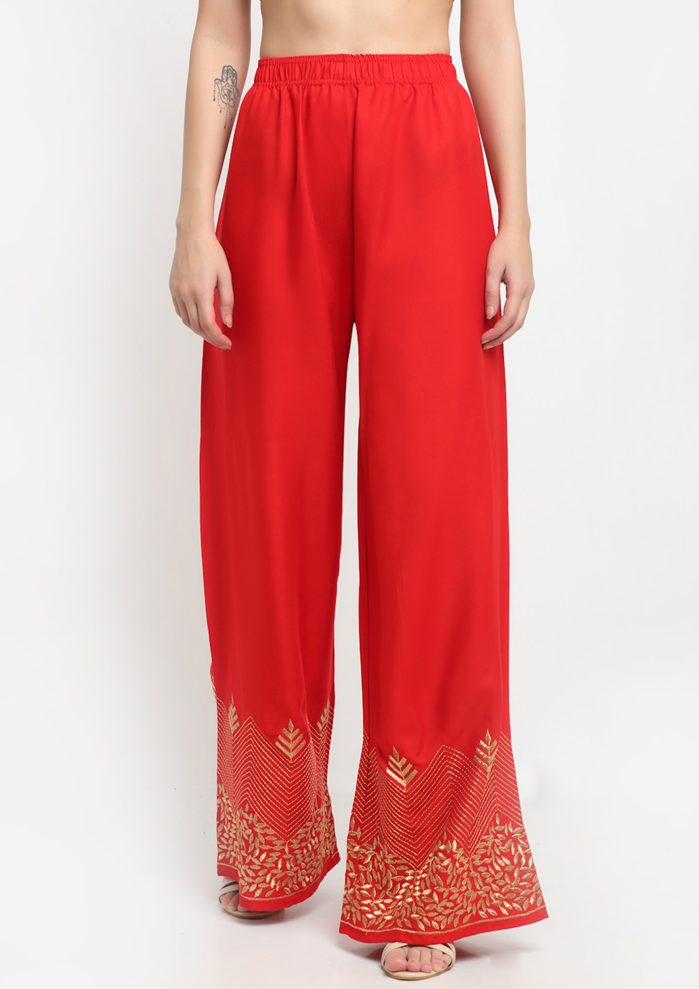 NEUDIS Golden Thread Embroidered Wide Leg Flared Palazzo For Women & Girls - Red