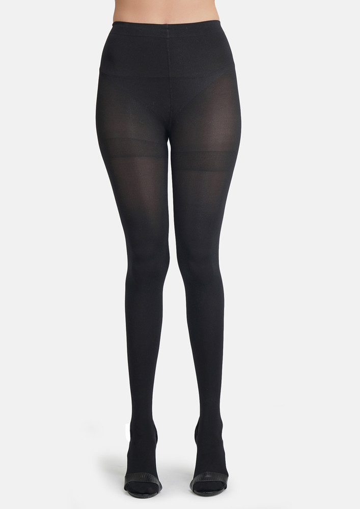 NEXT2SKIN Women Nylon Opaque Pantyhose Stockings With Super Stretch Waistband, L Size (Black)