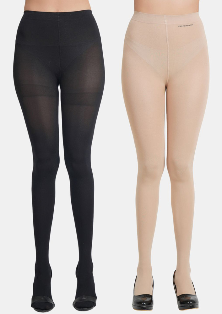 Next2skin Women Nylon Opaque Pantyhose Stockings, L Size - Pack Of 2 (black&skin)