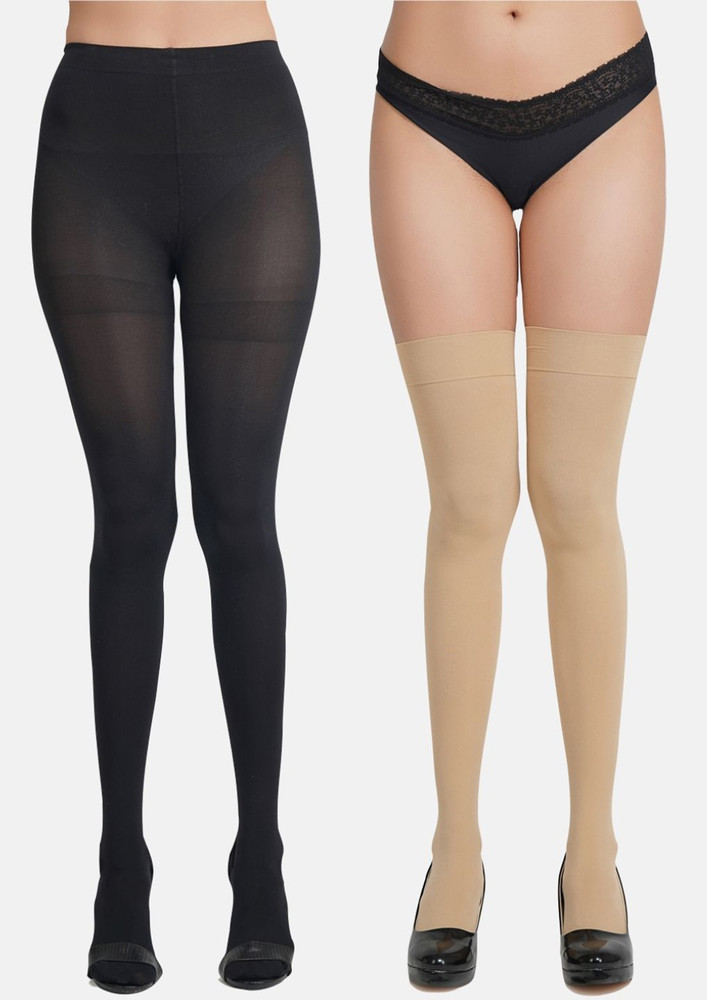 NEXT2SKIN Women Nylon Opaque Pantyhose Stockings Combo (Black&Skin)